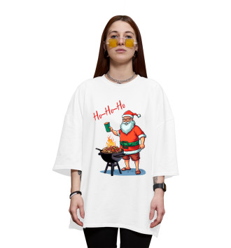 Женская Хлопковая футболка оверсайз Санта готовит на гриле