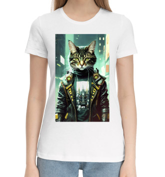 Женская Хлопковая футболка Крутой котяра на фоне высоток
