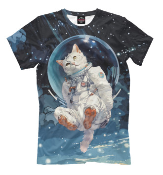 Футболка Белый кот космонавт в невесомости