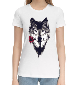 Женская Хлопковая футболка Волк с розой