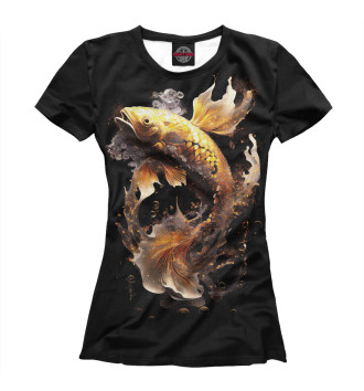 Женская Футболка Рыба золотой дракон на черном фоне