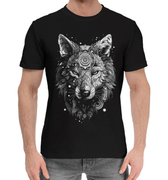 Мужская Хлопковая футболка Волк в бирюзовом орнаменте