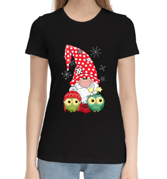 Женская Хлопковая футболка Новогодние совушки и гном