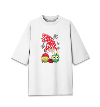 Хлопковая футболка оверсайз Новогодние совушки и гном