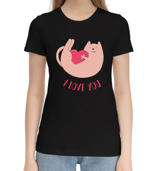 Женская Хлопковая футболка Кот играет с сердцем
