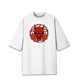 Хлопковая футболка оверсайз Японская маска Хання с пионами