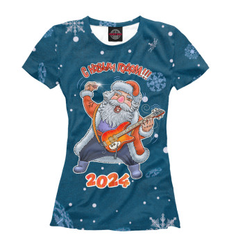 Женская Футболка Дед Мороз играет на рок гитаре