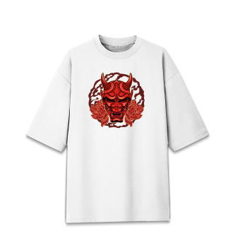 Хлопковая футболка оверсайз Японская маска Хання с пионами