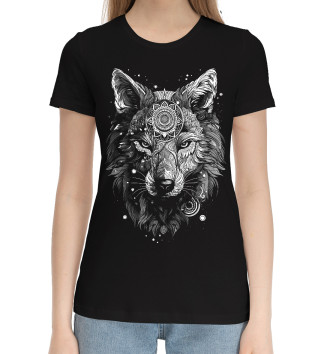 Женская Хлопковая футболка Волк в бирюзовом орнаменте