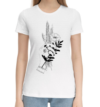 Женская Хлопковая футболка Руки черные цветы